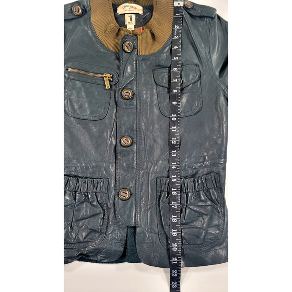 John Varvatos X Converse Leather Bomber Jacket Dark Green/Blue Womens S VTG Y2K - Picture 8 of 12